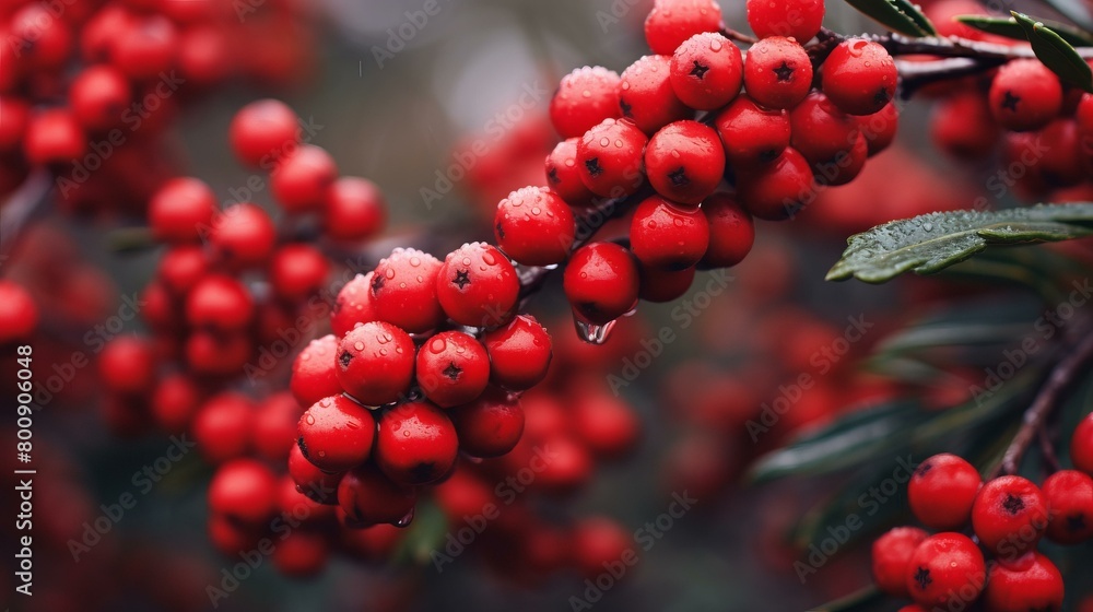 Red berries on a branch with green leaves Red berries on a branch with green leaves