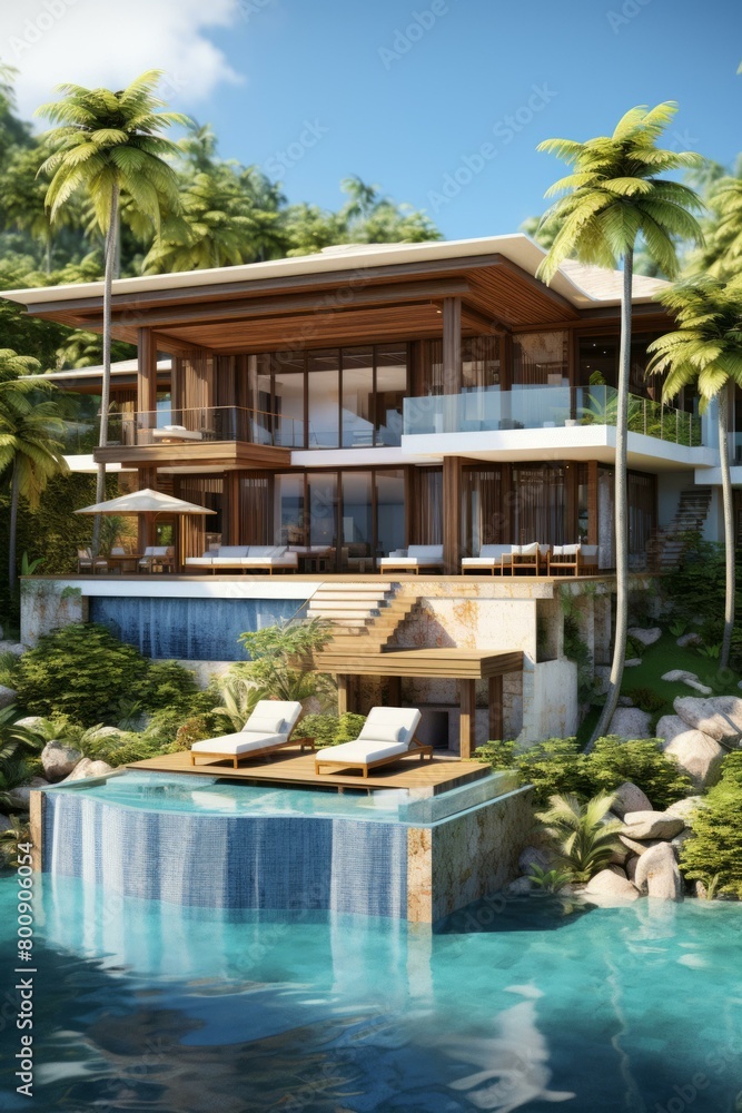 Fototapeta premium A modern tropical villa with a pool and a waterfall