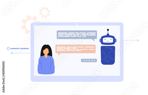 Girl or woman communicates with chatbot. Virtual assistant. AI technology concept. Flat cartoon vector illustration.