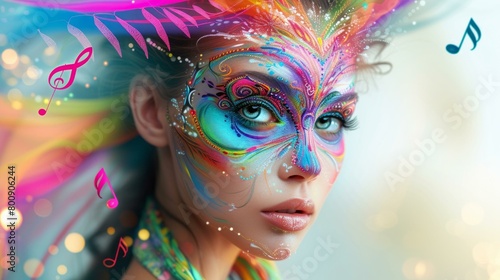 A woman with a colorful mask on her face