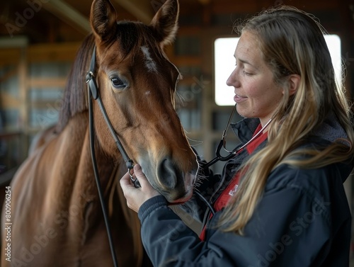 A veterinarian examines a horse's health with a stethoscope