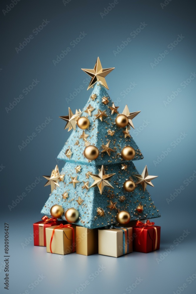 Blue and gold Christmas tree with presents