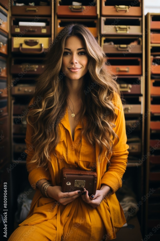 Portrait of a beautiful young woman with long wavy hair wearing a yellow dress