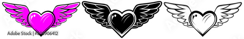 set purple heart flying icon. love with wing logo design illustration