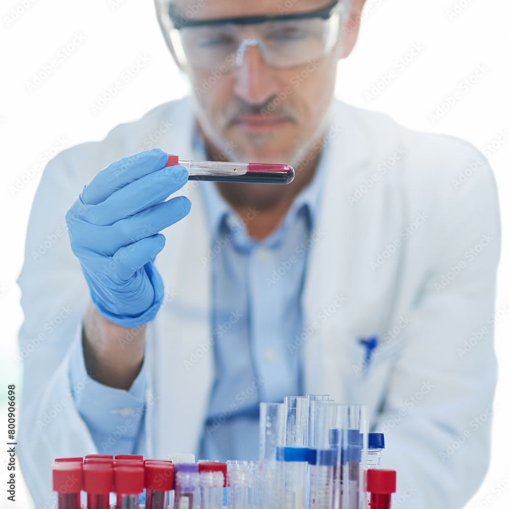 Science, blood test and mature man with test tube for biotech engineering, pathology and hematology research. Laboratory, investigation and scientist checking sample for development for medical study Science, blood test and mature man with test tube for biotech engineering, pathology and hematology research. Laboratory, investigation and scientist checking sample for development for medical study