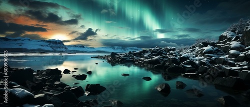 Aurora borealis over snow-covered mountains and rocks in water