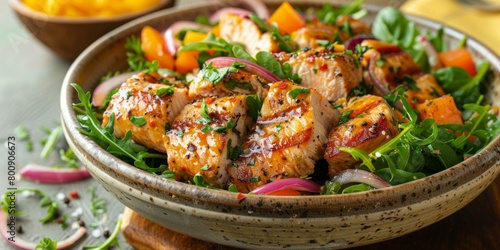 Grilled chicken breast with sweet potato and spinach salad photo