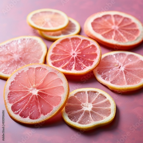 Close-up of sliced citrus fruits on a pink background