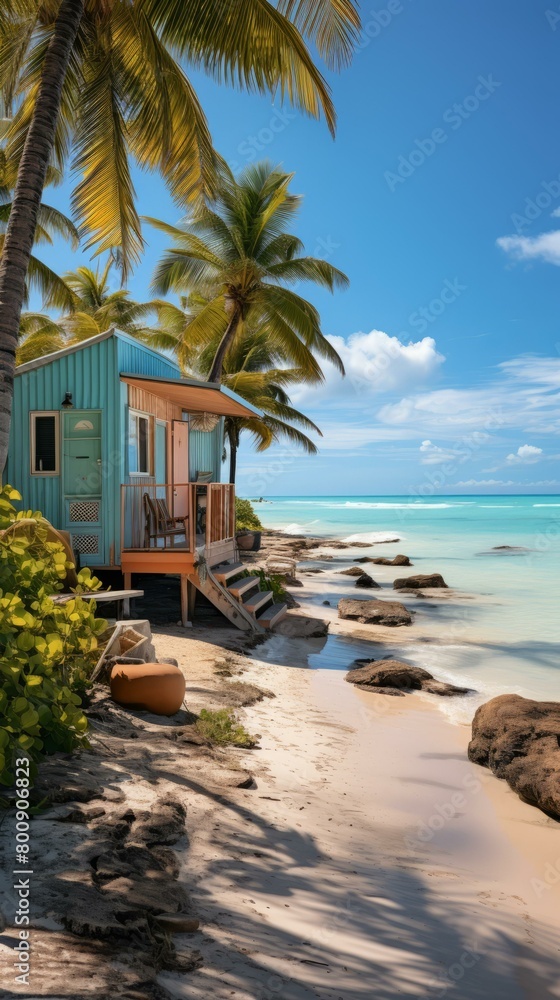 Naklejka premium Beach hut on a tropical island with palm trees and white sand