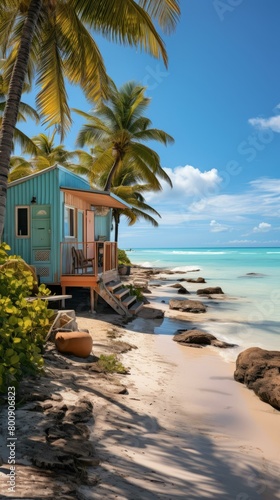 Beach hut on a tropical island with palm trees and white sand