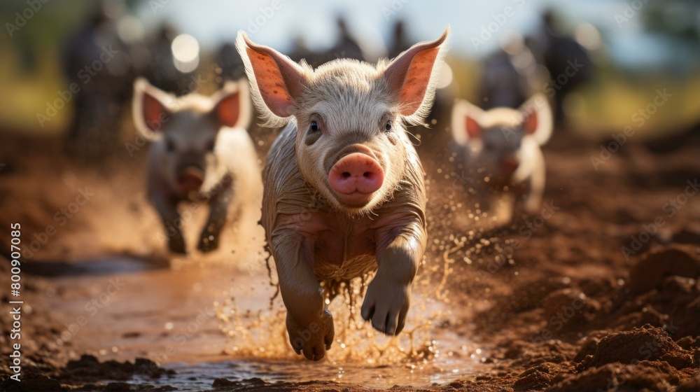 Three little pigs racing in the mud Three little pigs racing in the mud