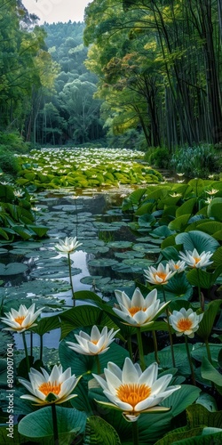 A pond full of white water lilies in a lush green forest