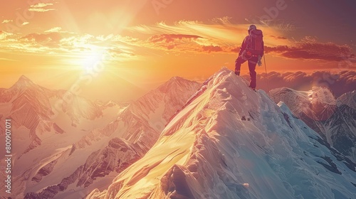 A mountain climber reaches the summit of a mountain and looks out at the view