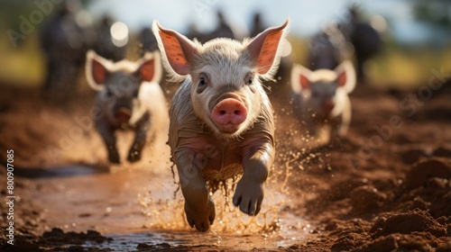 Three little pigs racing in the mud