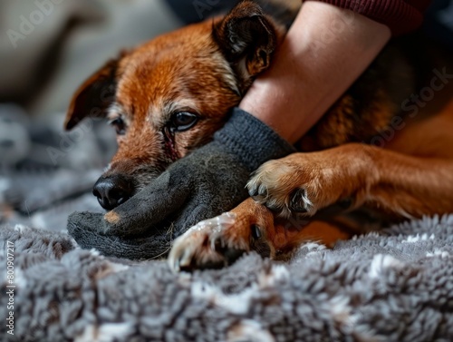 A woman comforts a dog