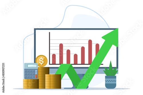 concept of success in business or investment. computer with increasing arrow, calculator, stack of coins and increasing arrow, investment and investor concept, Vector illustration on background.