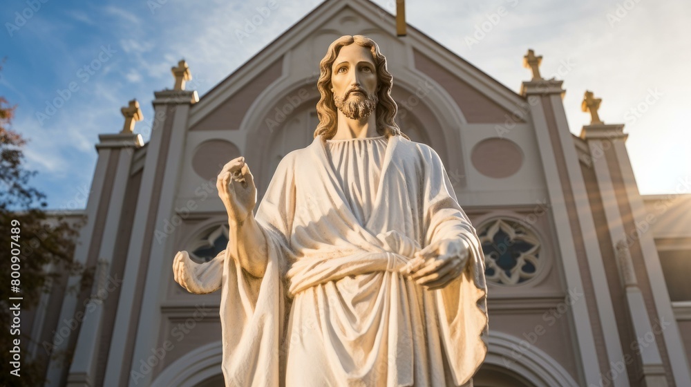 Fototapeta premium A statue of Jesus Christ stands outside a Catholic church.