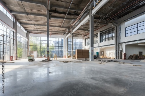 An empty warehouse with concrete floor and large windows