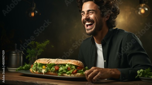 Man Enjoys a Hearty Submarine Sandwich