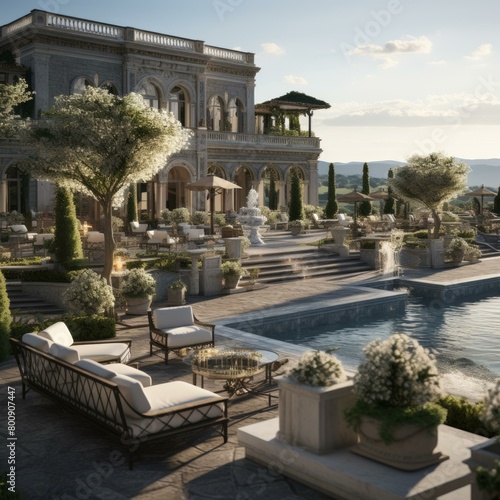 A luxurious mansion with a beautiful terrace, pool, and garden photo