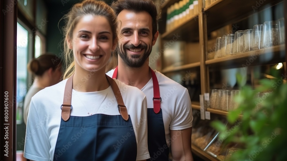 Portrait of a smiling young couple standing in a grocery store Portrait of a smiling young couple standing in a grocery store