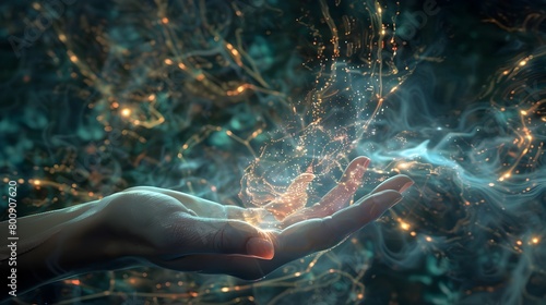 Surreal Photographic Composite of a Hand Materializing from a Void Connecting with a Complex Glowing Network of Interconnected Technology photo
