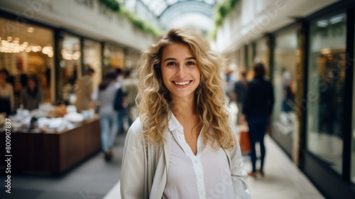 Portrait of a smiling young woman with long blond hair wearing a white shirt and a light jacket standing in a shopping mall