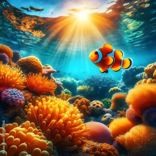 coral reef and fishes in the sea. coral reef in the sea. Clownfish In Underwater Ocean. coral reef and fishes in the Ocean.