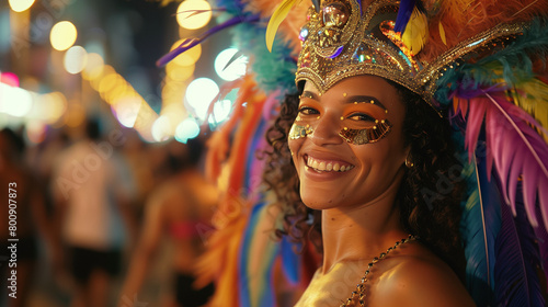 A Brazilian woman stands in the middle of the street at the Rio Carnival Festival, wearing a dazzling glittering costume, Ai generated Images