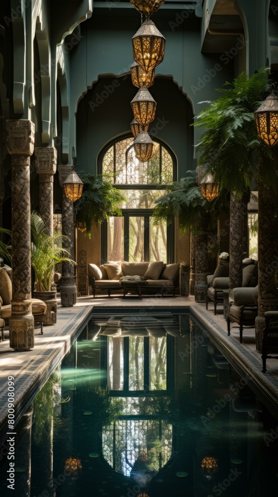 Fototapeta premium Elegant indoor pool with Moroccan-style architecture
