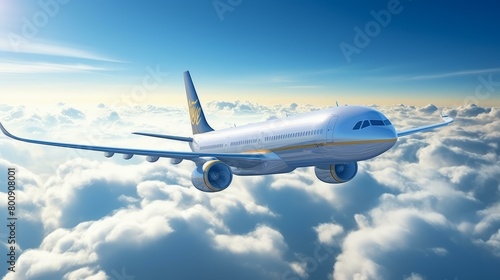 A large white and yellow passenger airplane is flying high above the clouds during the day