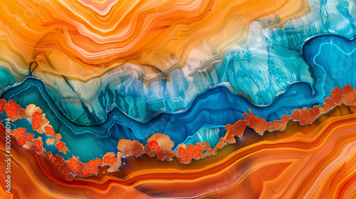 Agate-style glossy texture in alcohol ink waves of orange and bright blue, in ultra high definition. photo