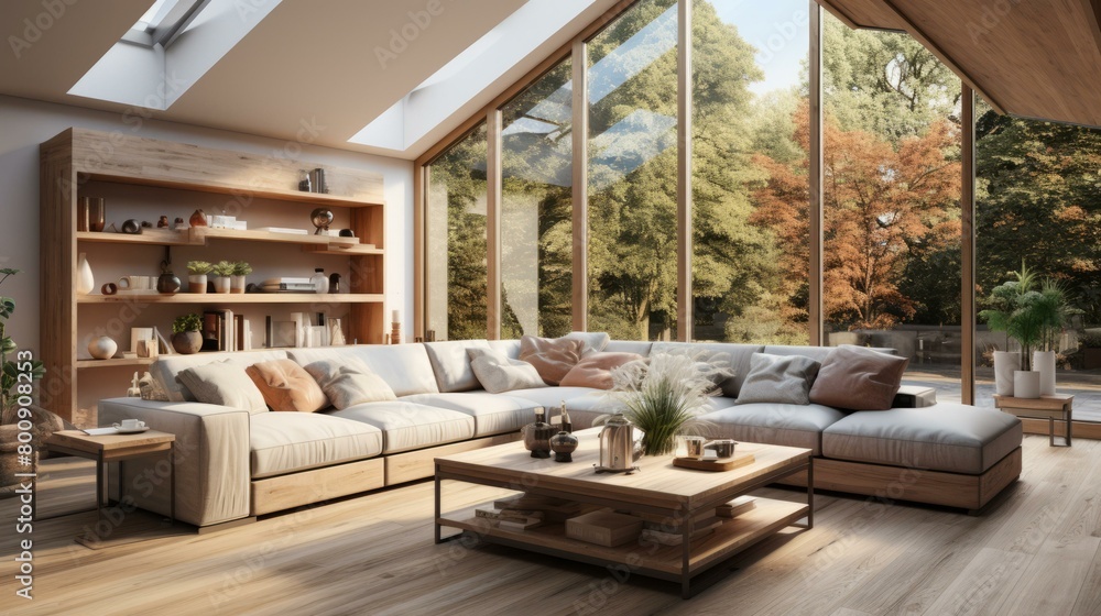 A modern living room with a large windows A modern living room with a large windows