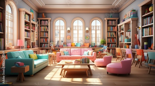 A beautiful library with a large collection of books and a comfortable seating area