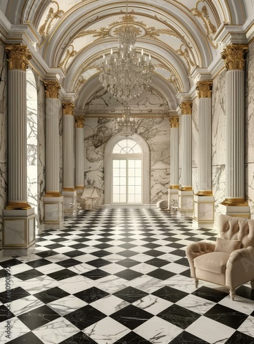 Black and white marble floor tiles in a grand hall