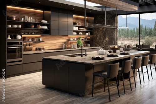 Modern kitchen with dark cabinets and wood accents