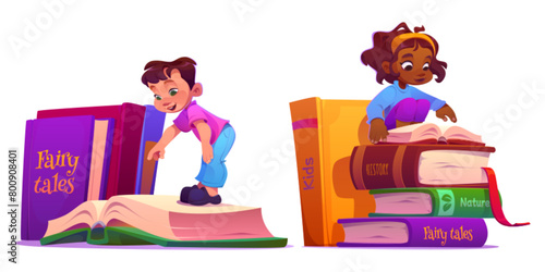 Kids reading books set isolated on white background. Vector cartoon illustration of curious boy pointing at pages, smart african girl studying with textbook, school education, library design elements © klyaksun