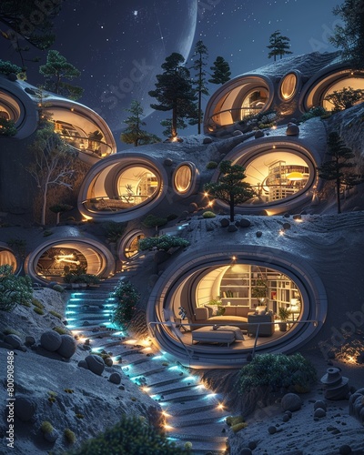 Underground lunar city view, tunnel system lit by bioluminescent lights, modern living spaces , 3D render animation style