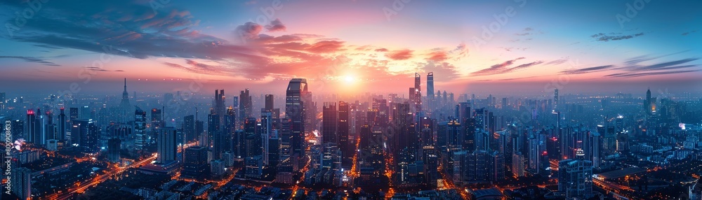 Fototapeta premium Augmented realityenhanced skyline, pollution and weather stats over city, twilight atmosphere , high resolution DSLR