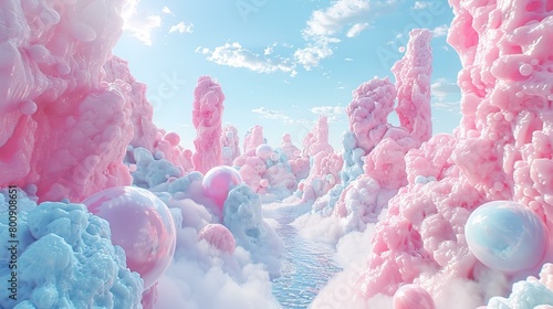 Pink and blue fantasy landscape with a river flowing through it