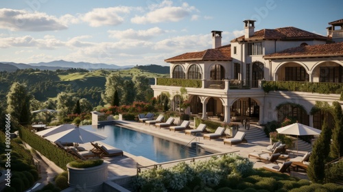 A luxurious mansion with a swimming pool and a beautiful view photo