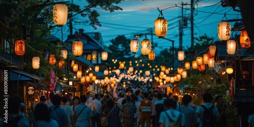 A Lively Night Market in Asia with Many People and Colorful Lanterns photo