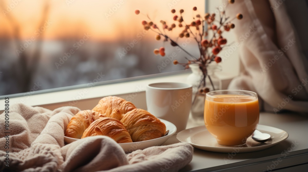 A Cozy Breakfast with Croissants and Orange Juice by the Window A Cozy Breakfast with Croissants and Orange Juice by the Window