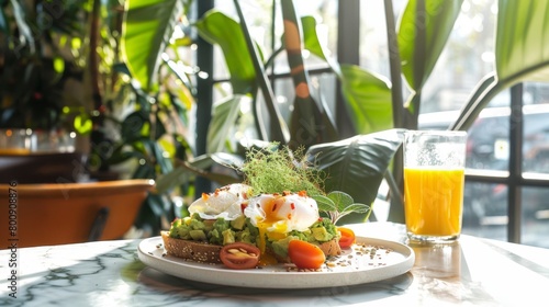 A healthy meal of avocado toast with herbs and poached eggs, accompanied by orange juice in a sunny, plant-filled interior