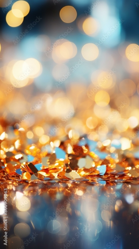 Golden glitter sparkles on a blue background with blurred lights.