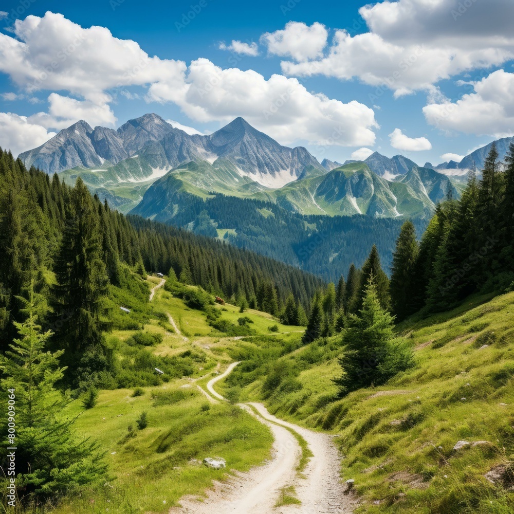 Countryside dirt road through green valley with mountains in distance