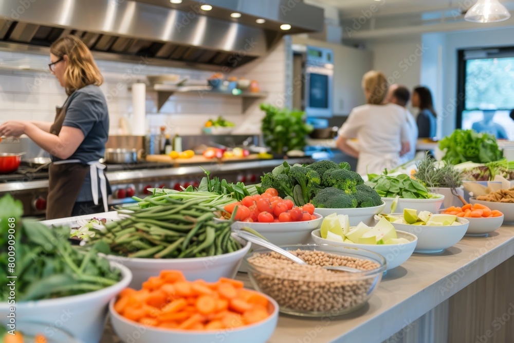 Scene captures a bustling kitchen atmosphere with chefs preparing meals using a variety of vibrant, fresh vegetables and healthy grains Scene captures a bustling kitchen atmosphere with chefs preparing meals using a variety of vibrant, fresh vegetables and healthy grains