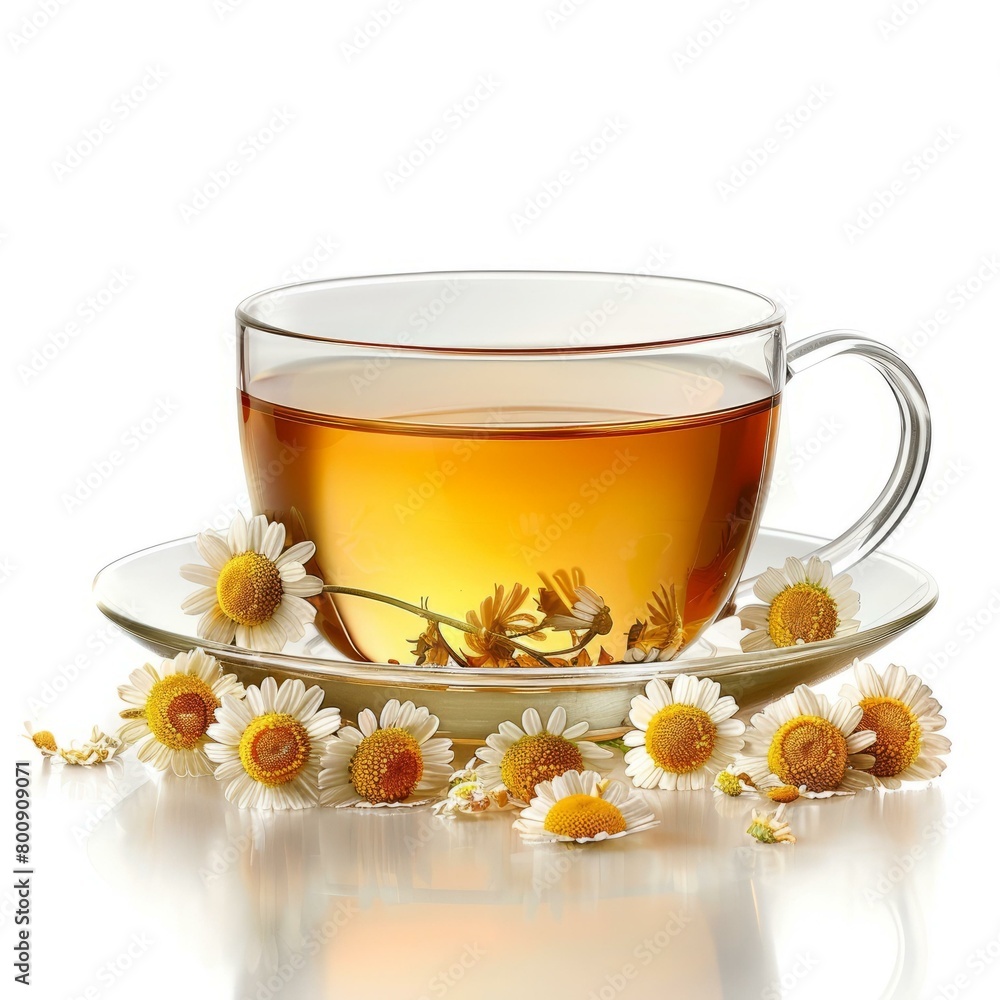 Chamomile tea in a glass cup on a white background