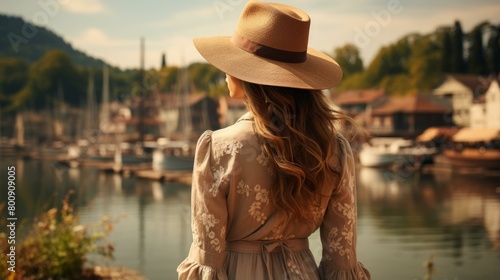 A woman wearing a hat is standing by the lake and looking at the boats. photo