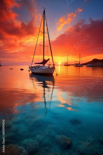 sailboat on calm sea at sunset with vibrant red orange sky
